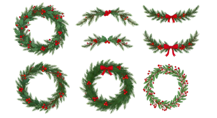 Detailed Christmas Wreath and Pine Garland Set with Holly Berries