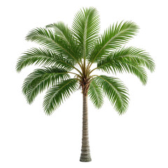Lush green palm tree isolated against black, with a detailed view of fronds and trunk