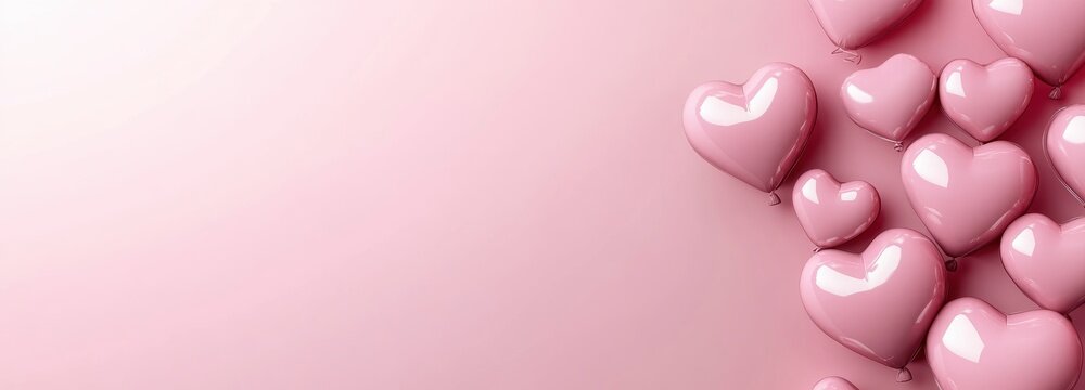 Pink heart balloons adorn a minimalist Valentine's Day banner with pastel background and space for text