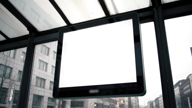 Blank Digital Advertising Screen Mockup Hanging at a Modern City Bus Stop Shelter