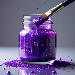 Glittering purple paint drips from a brush into a jar