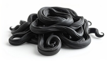 Shiny black licorice strands coiled, piled on white surface