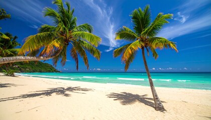 Obraz premium Experience the ultimate serene tropical getaway on a sun-drenched beach, featuring golden sands, swaying palm trees, and a mesmerizing turquoise ocean under a vibrant blue sky