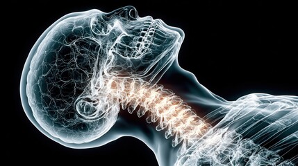 X-ray of a human head and neck highlighting the spine and skull on a black background