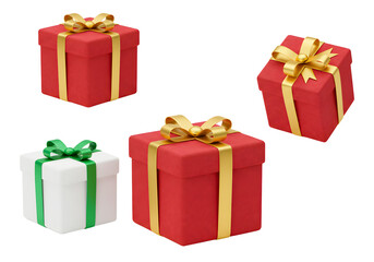 Fototapeta premium Set of 3D Red and White Christmas Gift Boxes with Gold and Green Ribbons..