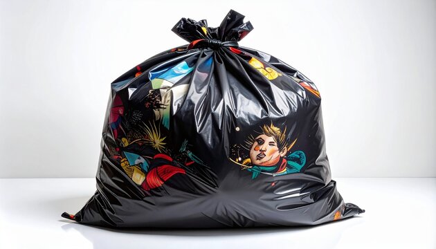 Black trash bag tightly tied, glossy surface with colorful graffiti and pop art patterns, isolated on white background.