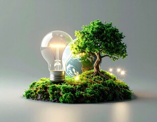 Earth globe, tree, and bulb resting on mossy land