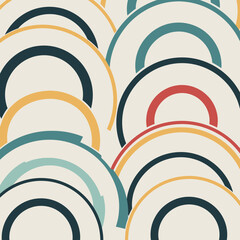 Abstract pattern of overlapping colorful semicircles on a cream background.