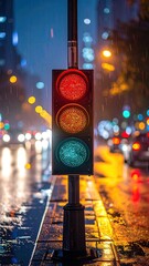 Traffic signal glowing on rainy city street at night