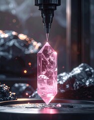 Pink crystal point under focused machine
