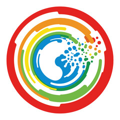 Fototapeta premium Colorful circular logo with abstract swirling elements and particles.
