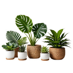 Fototapeta premium Assortment of potted houseplants with vibrant green foliage against black backdrop