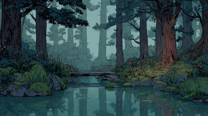 Anime Manga Forest Hiking Illustration – Nature Lovers Art