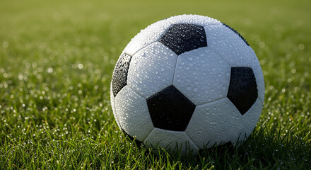 Fototapeta premium Soccer Ball on Green: A classic soccer ball, adorned with dewdrops, rests gently upon a vibrant green field, inviting players and spectators alike to experience the passion and competition