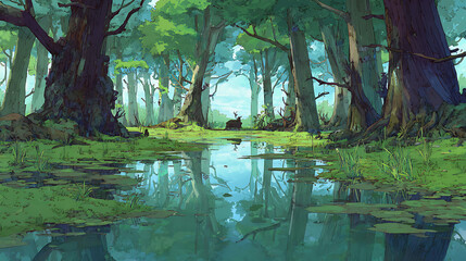 Anime Manga Forest Hiking Illustration – Nature Lovers Art