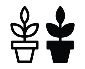 Black and White Illustrations of Potted Plants with Leafy Growth Designs