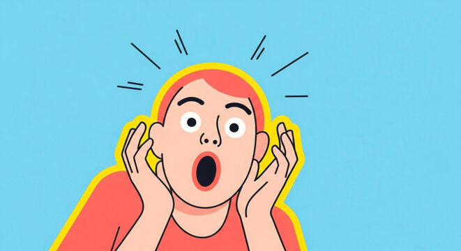 Illustration of a surprised person with hands on face against a blue background with yellow outline