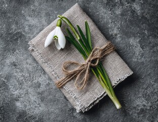 Delicate snowdrop bouquet on a linen napkin