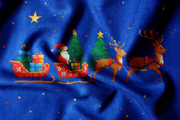 Seamless red Christmas fabric pattern with knitted texture, pixel-style festive design for holiday backgrounds, textiles. Cozy and traditional Christmas background evokes warmth and winter charm.