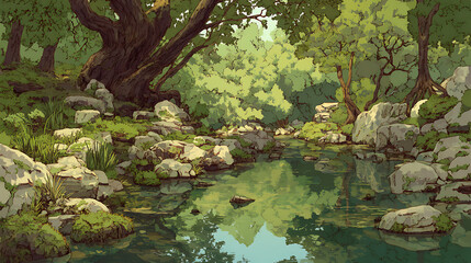 Anime Manga Forest Hiking Illustration – Nature Lovers Art