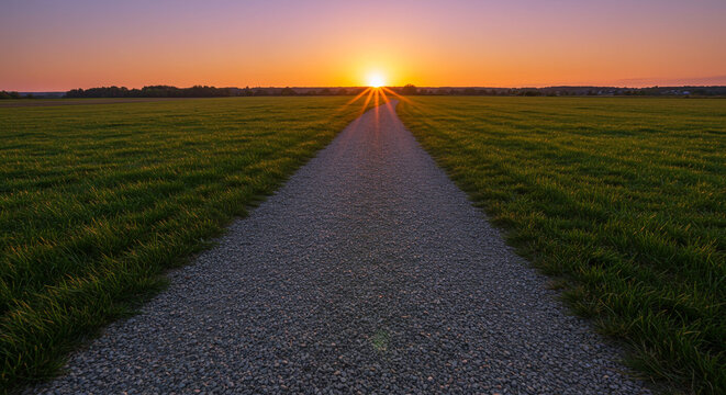 Serene pathway in green field at sunset with warm orange glow on gravel road for travel background