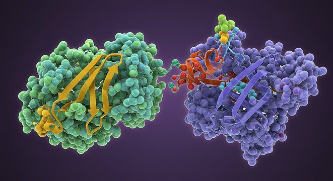 Molecular structure illustration of protein interaction scientific visualization