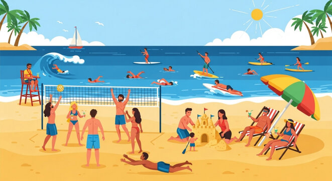 Illustration of a crowded beach scene with people swimming playing and relaxing in the sun and sand