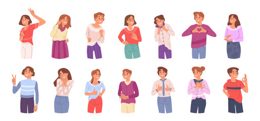 People showing positive gestures. Cheerful characters with thumbs up and ok signs, positive person communication gestures flat vector illustration set. Happy characters body language