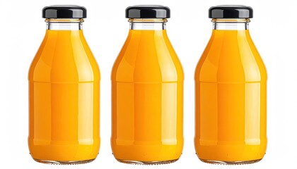 Three glass bottles filled with vibrant orange liquid
