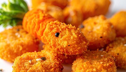 Crispy fried seafood stack with fresh green garnish