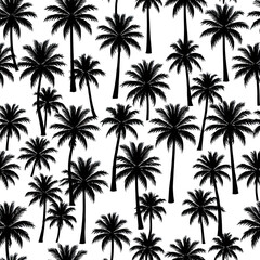 Dark, stylized palm trees against a black backdrop, forming a textured pattern