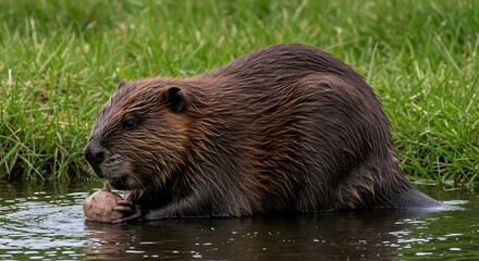 Close up of a beaver in water eating food near green vegetation