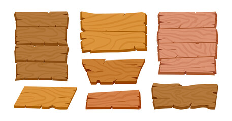 Wooden sign boards. Cartoon rustic planks, wooden ribbon boards, retro curved banners flat vector illustrations set. Vintage ribbons signs on white