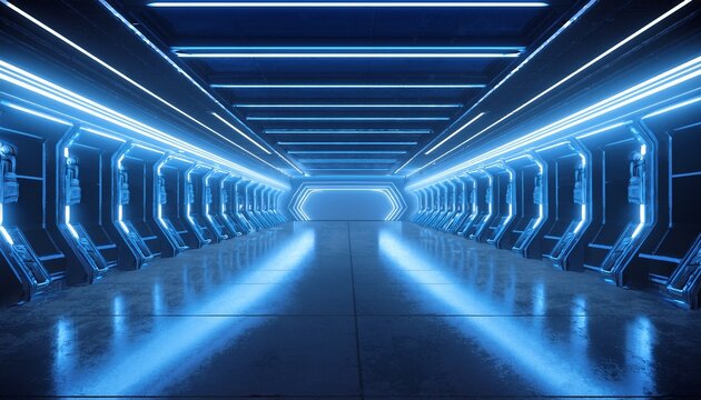 sci fi futuristic garage blue neon laser retro modern spaceship studio showroom gallery concrete asphalt hangar tunnel corridor 3d rendering - Powered by Adobe