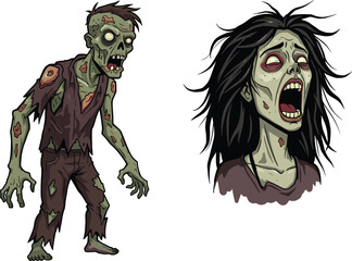 Scary cartoon zombie illustration, creepy undead monster artwork, horror character design, screaming zombie woman face, spooky Halloween undead creatures drawing
