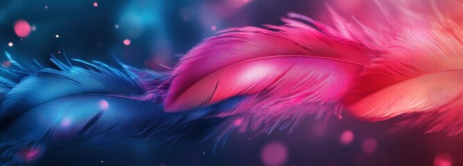Obraz premium Futuristic arrangement of neon pink and electric blue feathers in a vibrant abstract setting