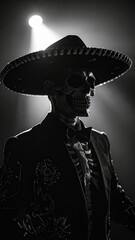 Monochrome Serenade: Shadowy Skeleton Musician with Sombrero in Dramatic Lighting