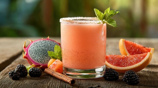 Premium fruit paloma cocktail with salt rim garnished with fresh mint and tropical fruits on rustic wooden table in natural restaurant setting