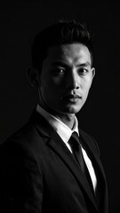 Fototapeta premium Striking monochrome portrait of a confident young man in a suit, dramatic shadows