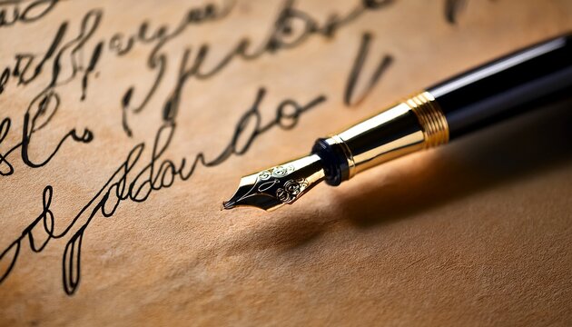 close up of a fountain pen writing elegant cursive calligraphy on textured paper