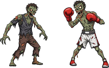 Scary zombie boxer with red gloves, creepy undead fighter, horror monster artwork, spooky Halloween illustration, evil ghoul character, apocalypse combat concept