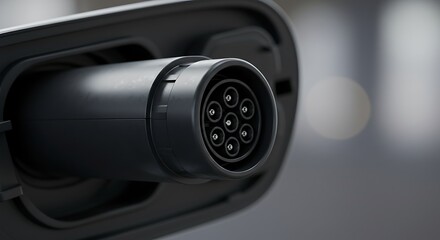 Close up of a black electric vehicle charging port focus on the connector