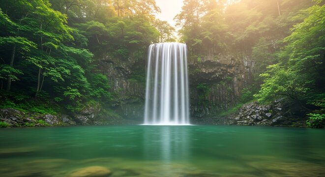 Scenic waterfall cascading into a serene pool surrounded by lush greenery