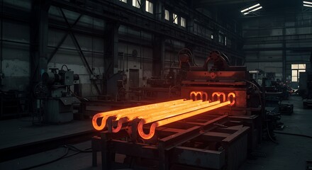 Molten metal rods emerge from industrial furnace in manufacturing environment