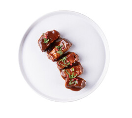 gourmet meat dish of sliced ​​pancetta served with sauce and spices isolated on transparent background top view