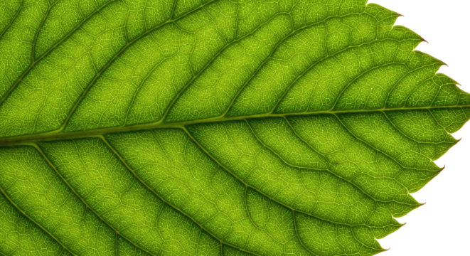 Detailed macro view of a vibrant green leaf showing intricate vein patterns and texture.