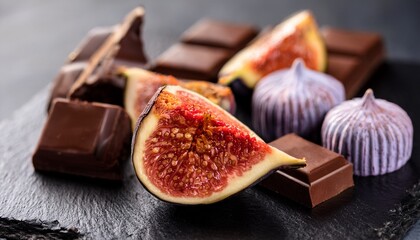 close up of fig and chocolate selection on rustic slate board for elegant dessert service