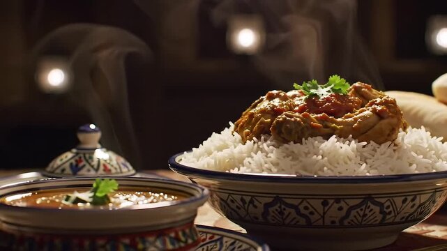Delicious Indian Curry Served with Fluffy Basmati Rice and Fresh Garnish