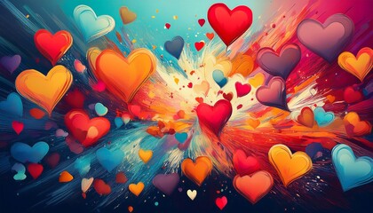 a explosion of hearts in a variety of colors on a 2d abstract canvas generative ai
