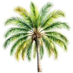 Watercolor illustration of a vibrant palm tree, lush green leaves & textured trunk